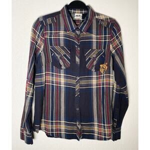 Harley Davidson Womens Blue Plaid Cotton Gauzy Long Sleeve Button Up Shirt Biker